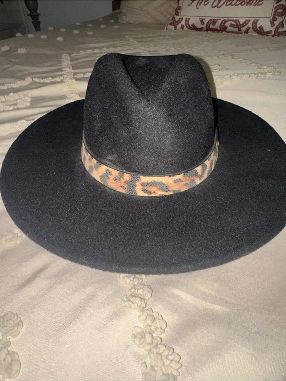 Black Wide-Brim Felt Hat with Leopard Accent Band